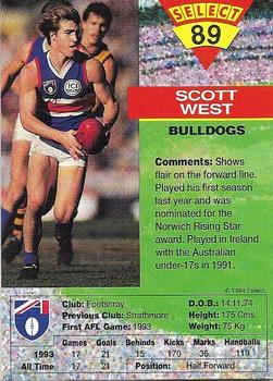 1994 Select AFL #89 Scott West Back